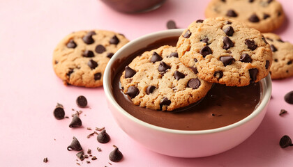 Tasty cookies with chocolate chips and bowl