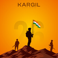 Kargil Vijay Diwas Poster: Soldiers and Indian flag silhouetted at sunset