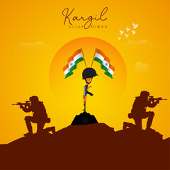 Kargil Vijay Diwas Poster: Soldiers honor memorial at fiery sunset backdrop