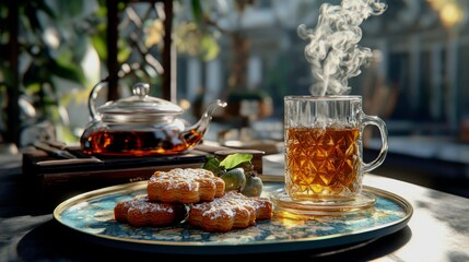Carved gingerbread cookies with honey glaze on a painted tray