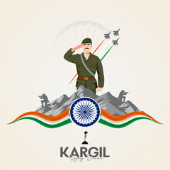 Kargil Vijay Diwas: Soldier's salute, Indian flag, and fighter jets over mountains