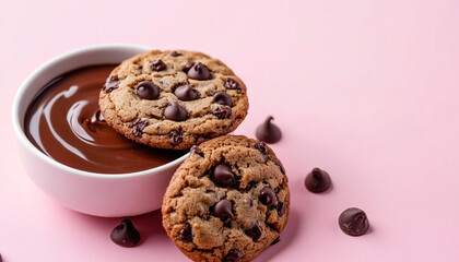 Tasty cookies with chocolate chips and bowl
