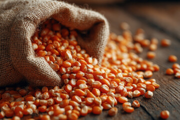 Dried corn kernel in sack, spilled. It evokes rustic, wholesome feeling