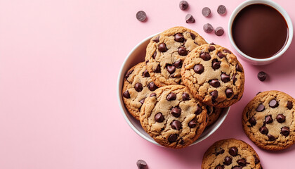 Tasty cookies with chocolate chips and bowl