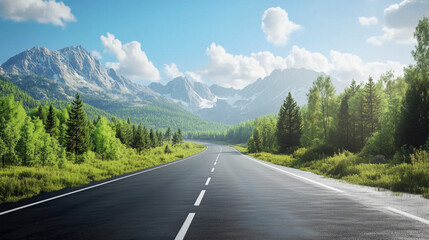 Asphalt highway road and green forest with mountain natural landscape under blue sky : Generative AI