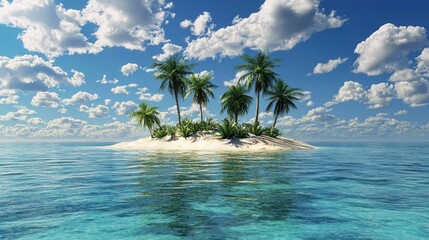 A serene tropical island with a sandy beach, crystal-clear waters, and lush green palm trees under a blue sky with fluffy white clouds.