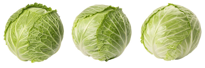 Three fresh green cabbages isolated on transparent background
