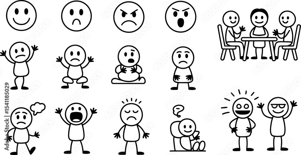 Poster stick figure emotions and expressions set vector illustration for communication and design projects 