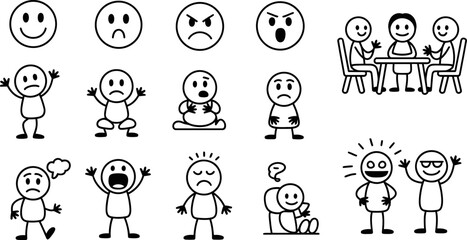 Stick figure emotions and expressions set vector illustration for communication and design projects editable stock vector illustration