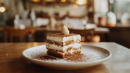 Classic Italian tiramisu dessert dusted with cocoa powder and served on a white plate with soft lighting enhancing its layers