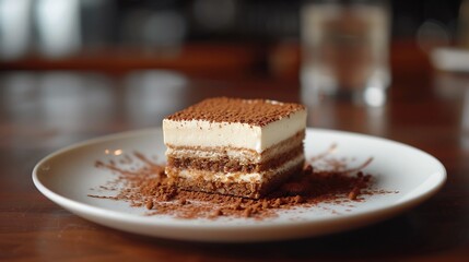 Classic Italian tiramisu dessert dusted with cocoa powder and served on a white plate with soft lighting enhancing its layers