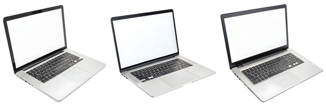 Three laptops with blank screens isolated on transparent background - Powered by Adobe