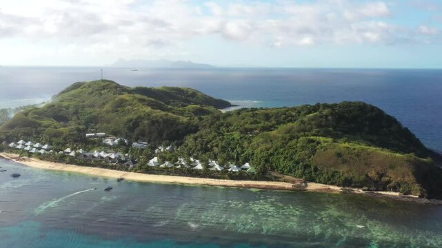Fiji islands seascape aerial over Tokoriki island tourist resort tropical holidays 4k.

