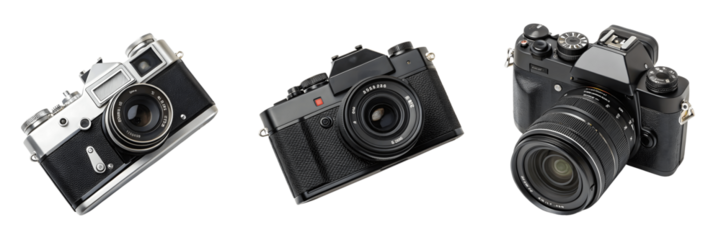 Three vintage cameras isolated on transparent background in a studio shot