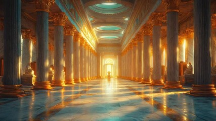 Sunlit classical hall with marble columns and statues