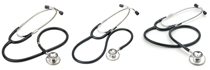 Three stethoscopes isolated on transparent background in different angles