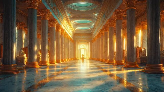 Sunlit classical hall with marble columns and statues