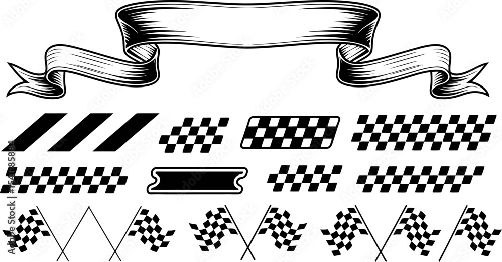 Poster vector racing flags checkered finish line banners ribbons design elements for race event graphics se
