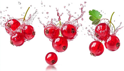 red currant berries falling with fresh splash