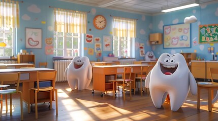 Classroom where animated tooth characters teach kids about dental hygiene fun educational setting