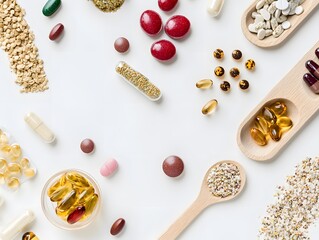 Fototapeta premium Clean label supplements and health snacks displayed for product shoot, all placed on white background.