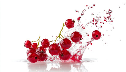red currant berries falling with fresh splash