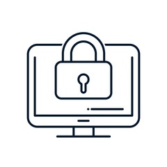 TV or monitor, lock. Vector linear icon isolated on white background.