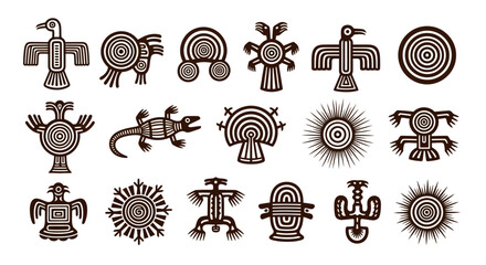 Collection of Ancient Symbolic Drawings Depicting Various Animals and Sun Symbols