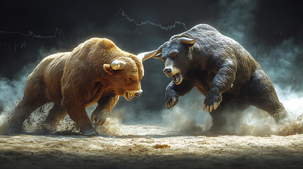 A bull and bear fighting with a stock market graph background