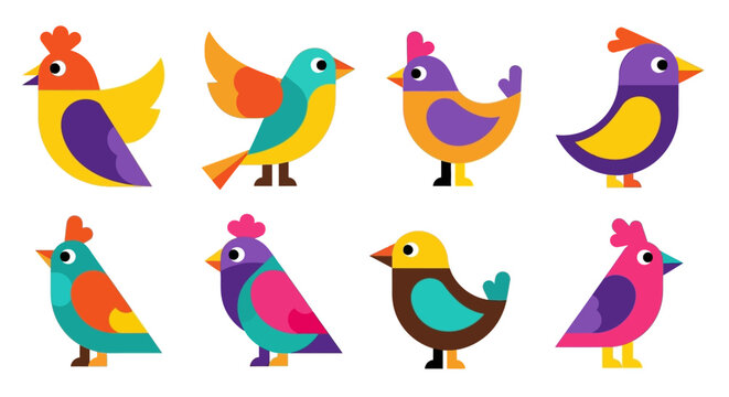 Collection of Eight Geometric Birds in Vibrant Colors