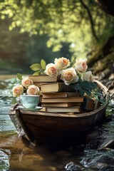 Obraz premium Wooden boat with stack of books, roses and tea cup floating on calm forest stream in peaceful morning light