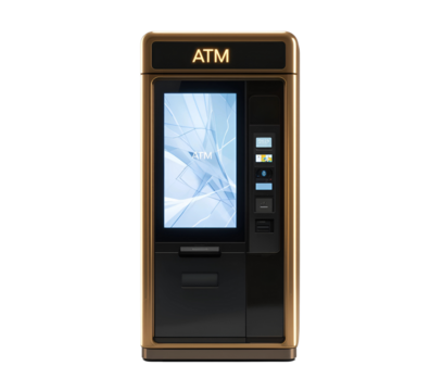  Luxury-style ATM with gold frame and crystal-clear touchscreen, glowing softly against a seamless white background.

 - Powered by Adobe
