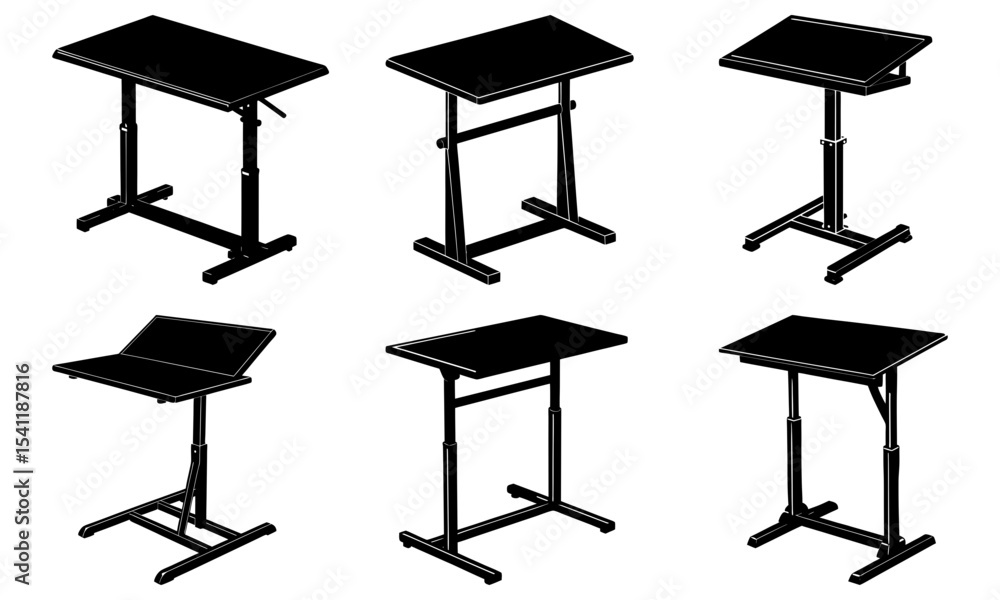 Poster illustration showing multiple adjustable standing desks in black and white isometric views on a whit