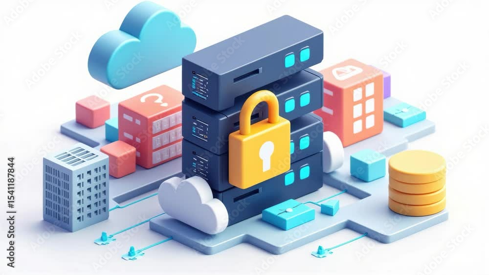 Poster cloud server security and data protection with digital lock, secure storage, network privacy, and mo