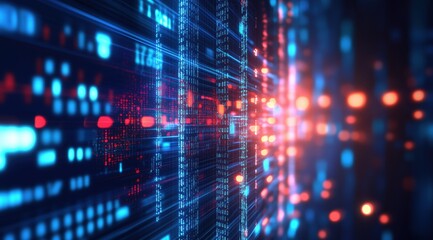 Obraz premium Digital Matrix: Abstract representation of data streams and digital information flowing through a futuristic digital matrix, with vibrant blue and red hues.
