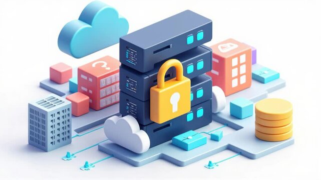 Cloud server security and data protection with digital lock, secure storage, network privacy, and modern technology infrastructure for information safety and cyber defense digital cloud computing