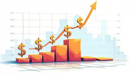 Rising bar chart with dollar symbol and upward arrow, showcasing financial growth, profit increase, investment success, economic progress, and business optimism in cityscape background - Powered by Adobe