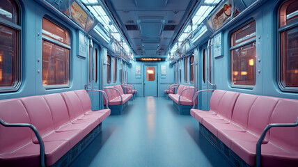 Empty subway car interior with pink seats and blue walls in soft lighting
