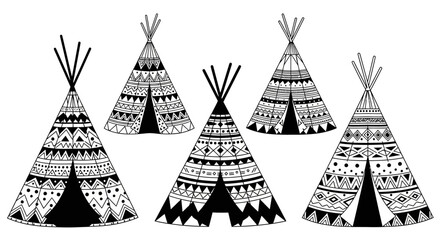 Ornate Black and White Teepees with Geometric Patterns © tere