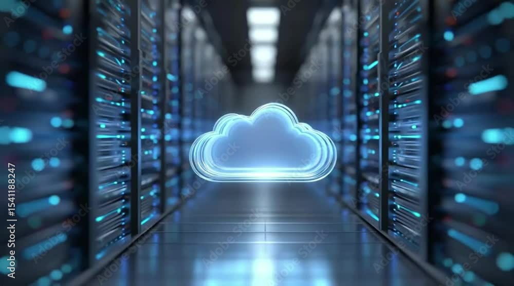 Poster a cloud in the center of an illustration is surrounded by rows and columns of server equipment all i