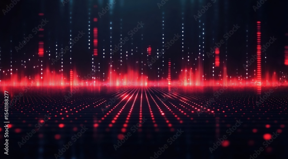 Poster digital pulse: abstract visualization of a digital landscape, with glowing red lines and dots, illus