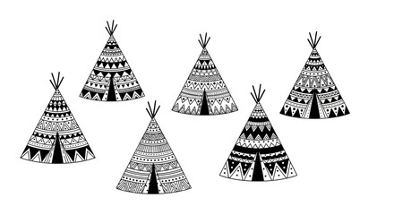 Stylized Teepees with Geometric Patterns in Black and White Illustration © tere