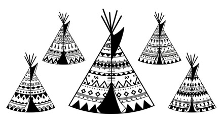 Stylized Teepees with Intricate Geometric Patterns in Black and White