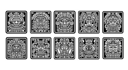 Ten Black and White Mayan Glyphs with Intricate Facial Details and Square Borders