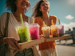 two young women walking outdoors on a sunny summer day, both holding two cardboard drink trays filled with colorful bubble teas
