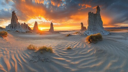 Dramatic sunrise over desert landscape of tufa formations.