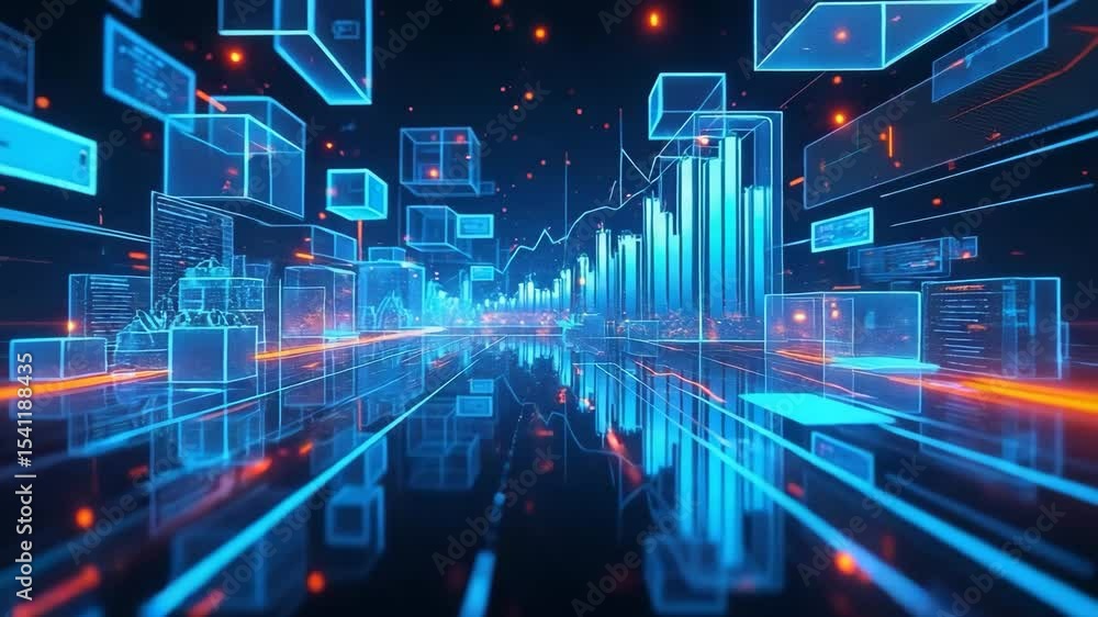Poster futuristic digital cityscape with glowing blue and orange data blocks, virtual graphs, and floating 