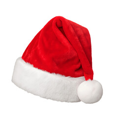 Red santa hat with white fur trim and pom isolated on transparent background