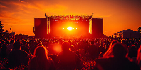Silhouetted crowd enjoying a concert at sunset. The stage is bathed in the warm light of the setting sun.