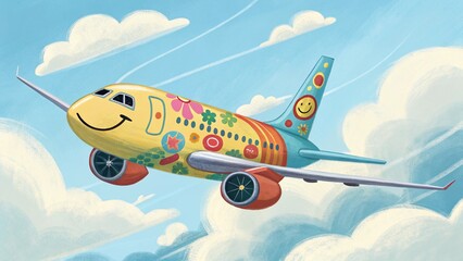 Obraz premium Commercial aircraft flying high in the sky over white clouds